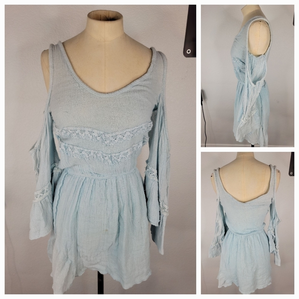 Jens Pirate Booty Sz XS Dress Gauze Cold Shoulder Ruffle Sleeves Bohemian Blue